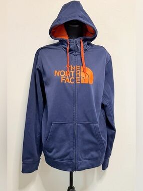 The North Face Navy Hoodie with Orange Logo and Lined Hood Large